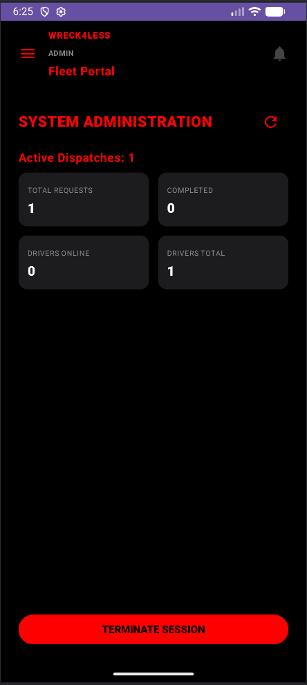 Wreck4Less admin overview screen