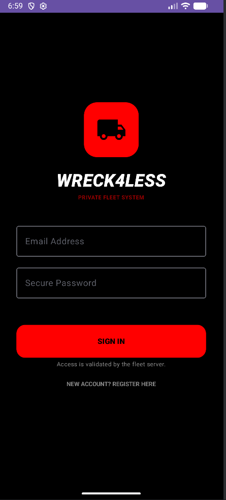 Wreck4Less sign-in screen